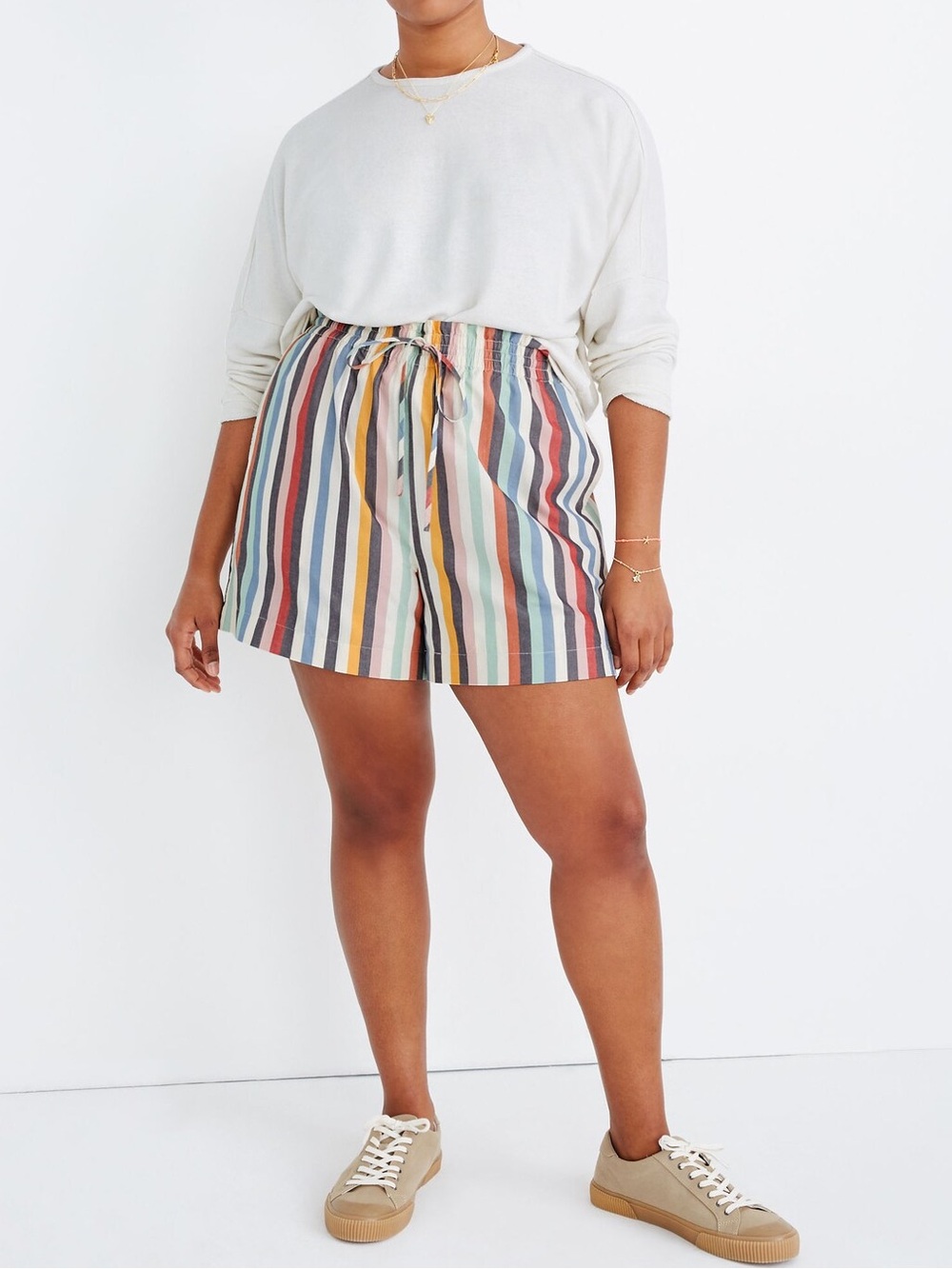 Madewell Smocked-Waist Pull-On Shorts in Rainbow Stripe